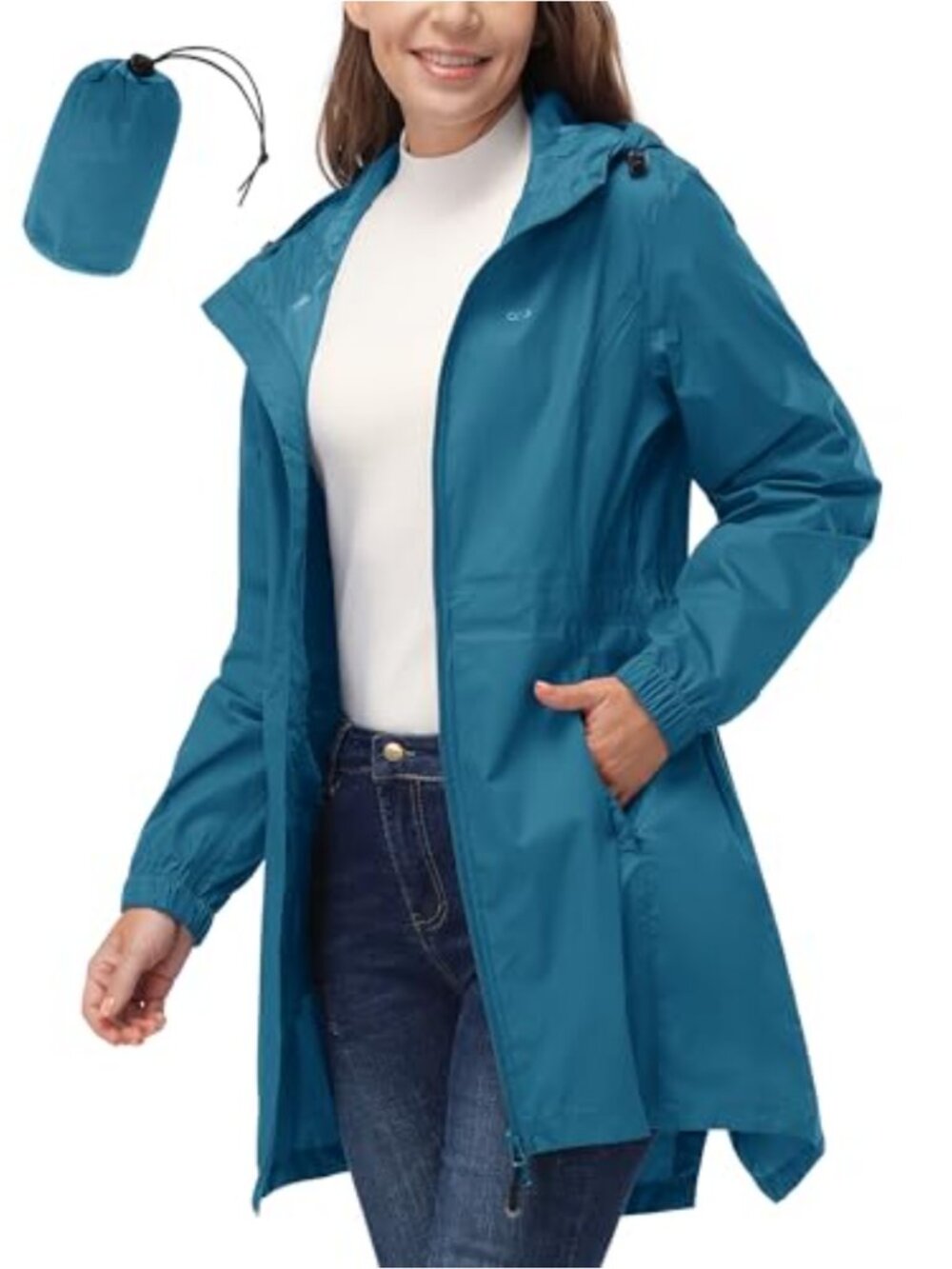 Women's Waterproof Long Raincoat Packable Hood Jacket Trench
